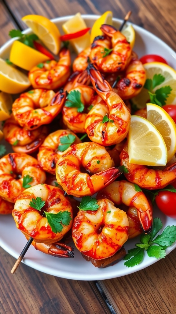 Grilled spicy barbecue shrimp skewers garnished with parsley and lemon on a rustic wooden table.